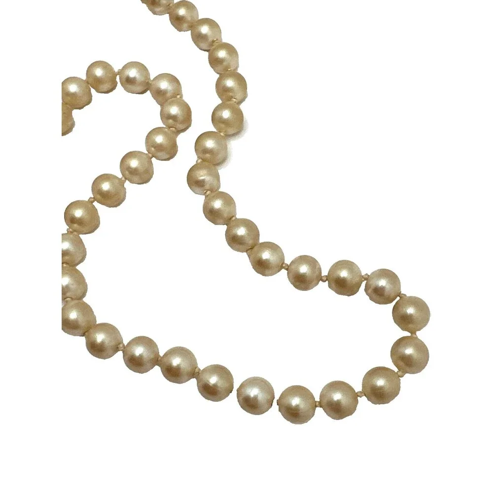 Vintage Faux Pearl Necklace Pale Gold Glass Bead Floral Clasp Statement 28